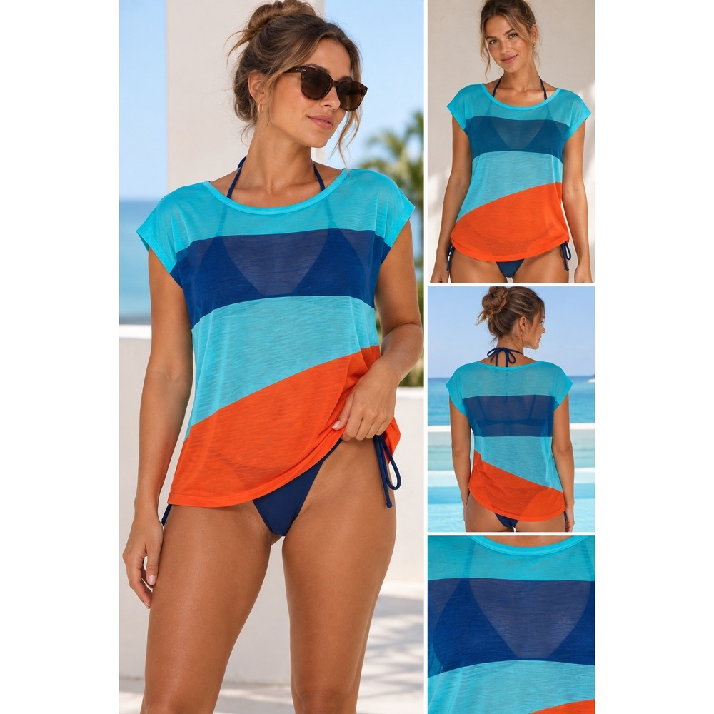 Final Touch Women's Color-block Short Sleeve Top Blue Orange Mixed Media S